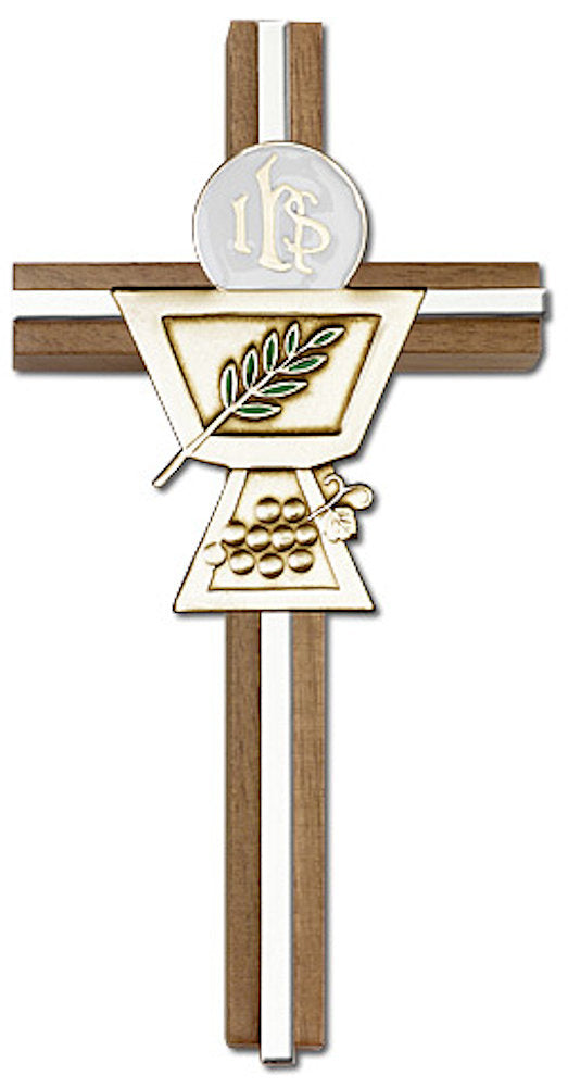 6" First Communion Cross, Walnut w/ Gold-Tone Medallion & Nickel Plated Inlay, # 1591