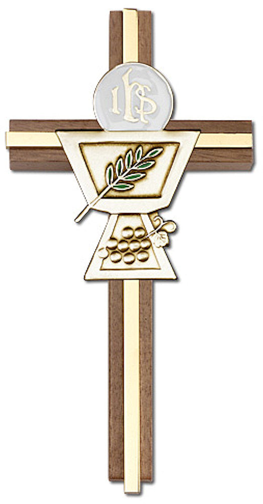 6" First Communion Cross, Walnut w/ Gold-Tone Medallion & Polished Brass Inlay, # 1593