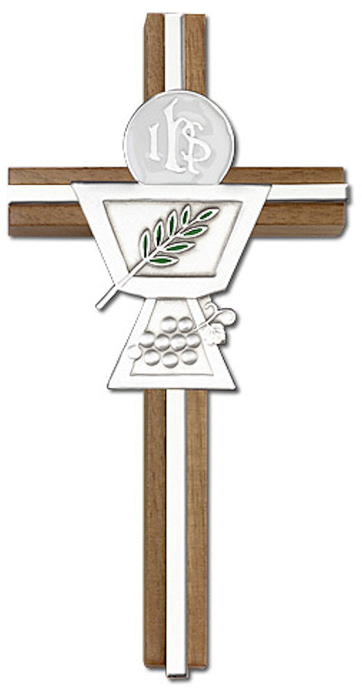 6" First Communion Cross, Walnut w/ Silver-Tone Medallion & Nickel Plated Inlay, # 1594