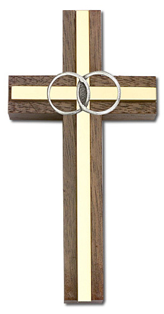 4" Wedding Cross, Walnut w/ Silver-Tone Rings & Polished Brass Inlay, # 1595