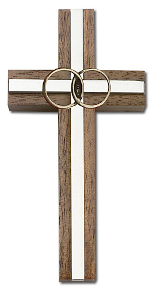 4" Wedding Cross, Walnut w/ Gold-Tone Rings & Nickel Plated Inlay, # 1596