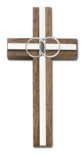 4" Wedding Cross, Walnut w/ Silver-Tone Rings & Nickel Plated Inlay, # 1598