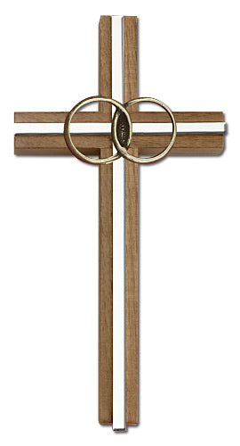 6" Wedding Cross, Walnut w/ Gold-Tone Rings & Nickel Plated Inlay, # 1600