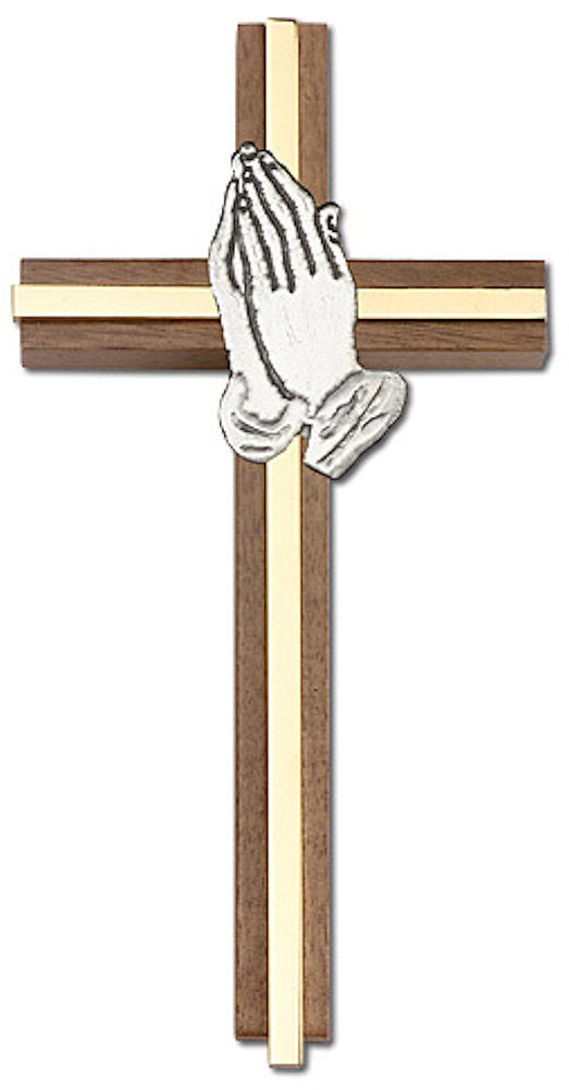 6" Walnut Praying Hands Cross, Silver-Tone Hands on Polished Brass Inlay, # 1610