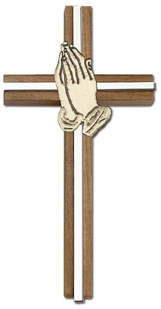 6" Walnut Praying Hands Cross, Gold-Tone Hands on Nickel Plated Inlay, # 1611