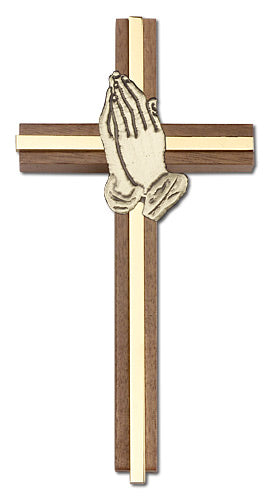 6" Walnut Praying Hands Cross, Gold-Tone Hands on Polished Brass Inlay, # 1613