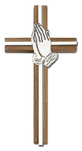 6" Walnut Praying Hands Cross, Silver-Tone Hands on Nickel Plated Inlay, # 1614