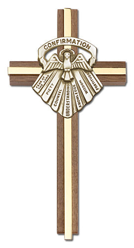 6" Walnut Confirmation Cross, Gold-Tone Medallion on Polished Brass Inlay, # 1631