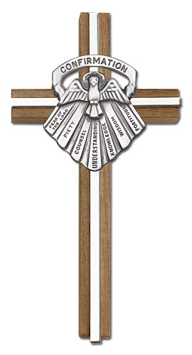 6" Walnut Confirmation Cross, Silver-Tone Medallion on Nickel Plated Inlay, # 1635