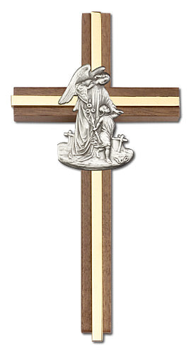 6" Walnut Baptism Cross w/ Guardian Angel, Silver-Tone on Polished Brass Inlay, # 1636