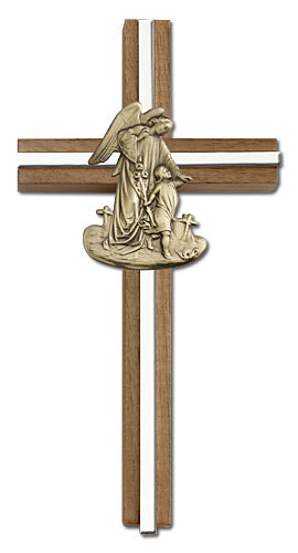 " Walnut Baptism Cross w/ Guardian Angel, Gold-Tone on Nickel Plated Inlay, # 1640