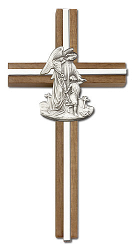 6" Walnut Baptism Cross w/ Guardian Angel, Silver-Tone on Nickel Plated Inlay, # 1645
