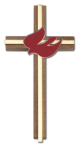 6" Walnut Confirmation Cross w/ Red Dove, Silver-Tone Medallion on Polished Brass Inlay, # 1647