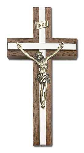 4" Walnut Crucifix, Gold-Tone Figure on Nickel Plated Inlay, # 1656