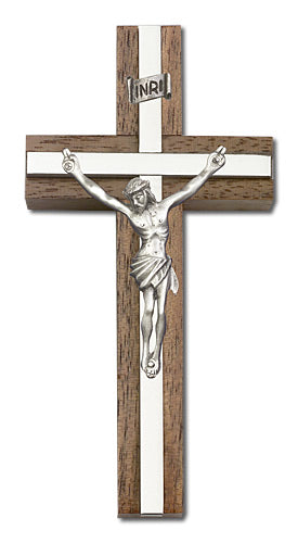 4" Walnut Crucifix, Silver-Tone Figure on Nickel Plated Inlay, # 1659