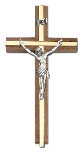 6" Walnut Crucifix, Silver-Tone Figure on Polished Brass Inlay, # 1660