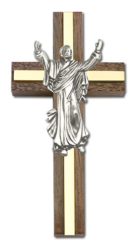 4" Walnut Risen Christ Crucifix, Silver-Tone Figure on Polished Brass Inlay, # 1664