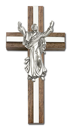 4" Walnut Risen Christ Crucifix, Silver-Tone Figure on Nickel Plated Inlay, # 1668