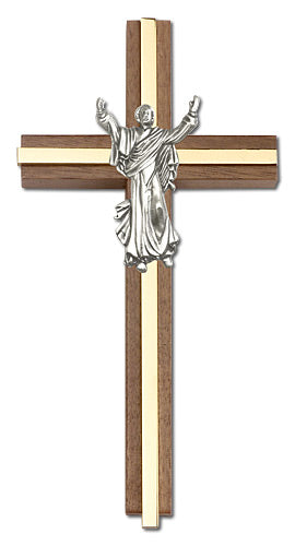 6" Walnut Risen Christ Crucifix, Silver-Tone Figure on Polished Brass Inlay, # 1669