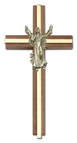 6" Walnut Risen Christ Crucifix, Gold-Tone Figure on Polished Brass Inlay, # 1671