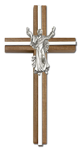 6" Walnut Risen Christ Crucifix, Silver-Tone Figure on Nickel Plated Inlay, # 1672