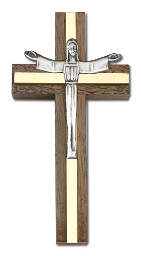 4" Walnut Risen Christ Crucifix, Silver-Tone Figure on Polished Brass Inlay, # 1674
