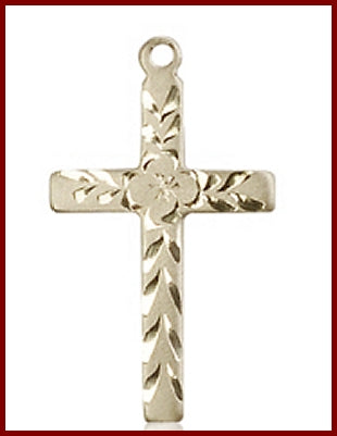 7/8" Floral Cross, Solid 18kt Gold, Free Chain, # 48212