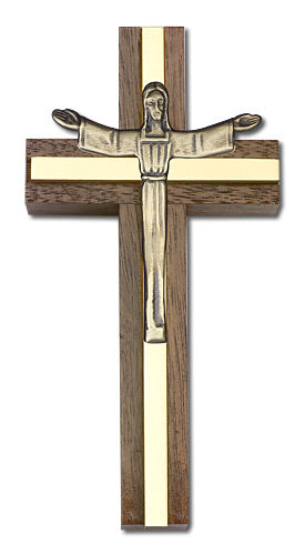 4" Walnut Risen Christ Crucifix, Gold-Tone Figure on Polished Brass Inlay, # 1677