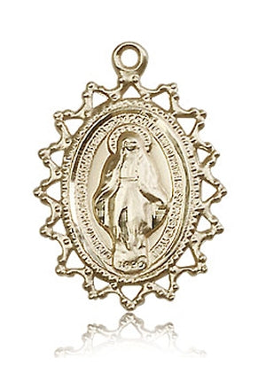 1" Pierced - Border Miraculous Solid 14kt Gold, Free Chain, # 16779