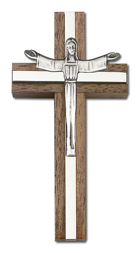 4" Walnut Risen Christ Crucifix, Silver-Tone Figure on Nickel Plated Inlay, # 1678