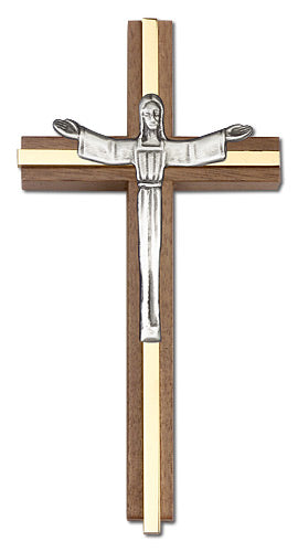 6" Walnut Risen Christ Crucifix, Silver-Tone Figure on Polished Brass Inlay, # 1680