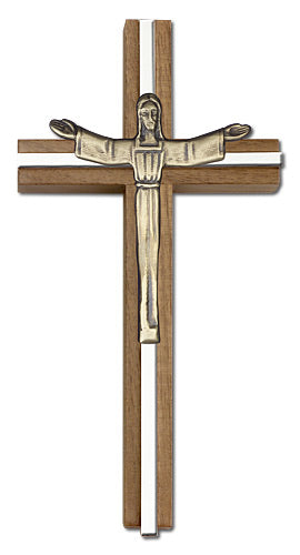 6" Walnut Risen Christ Crucifix, Gold-Tone Figure on Nickel Plated Inlay, # 1681