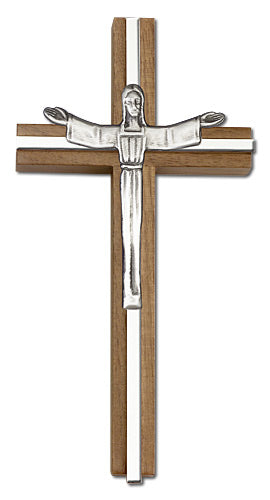 6" Walnut Risen Christ Crucifix, Silver-Tone Figure on Nickel Plated Inlay, # 1683