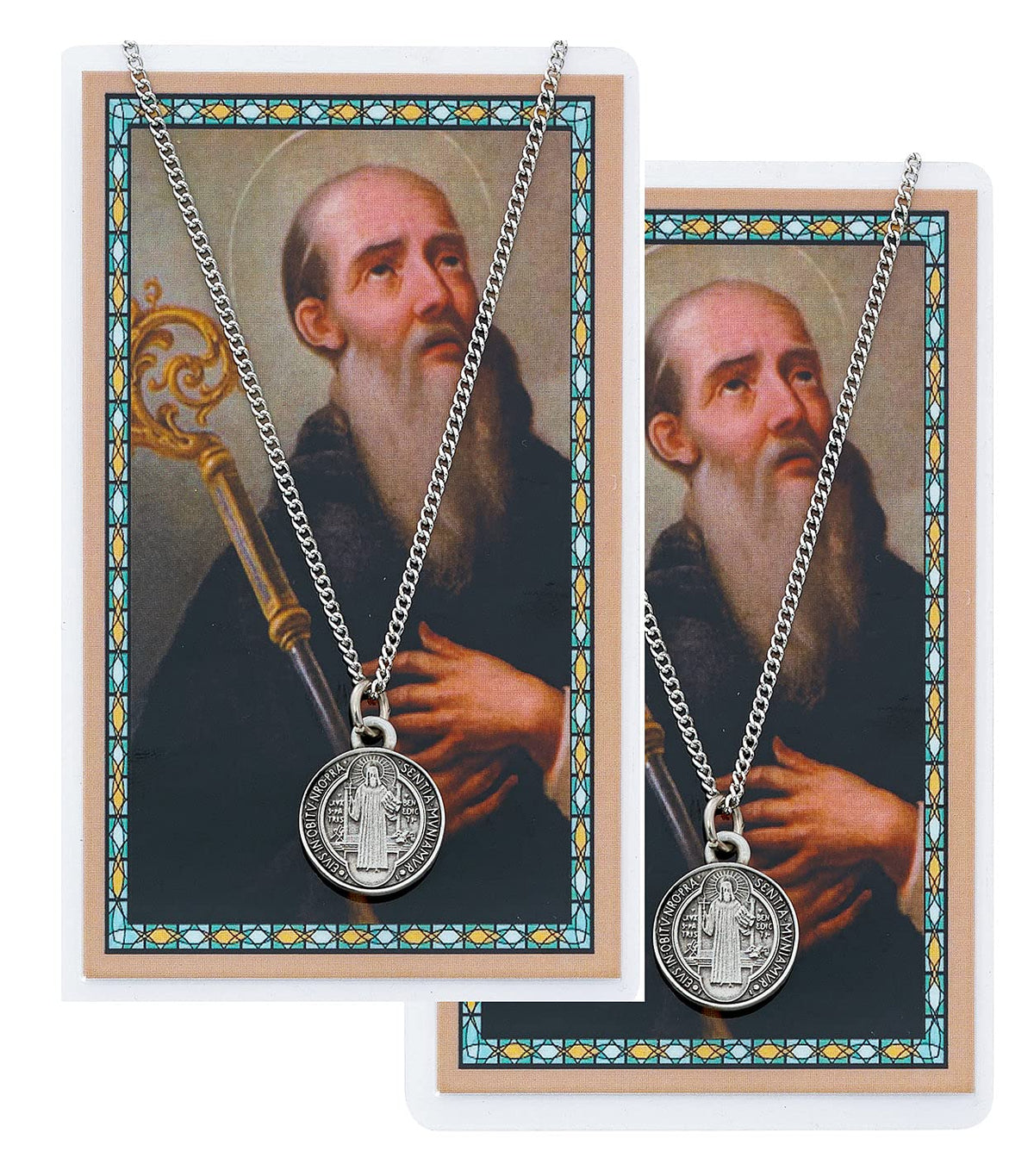 St. Benedict Pewter Medal with Laminated Holy Card, 18" Chain, 2-Count Value Pack. # 21351