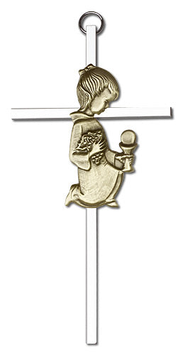 Girl 1st Communion Cross 6" Gold Figure on Nickel Plate, # 1693