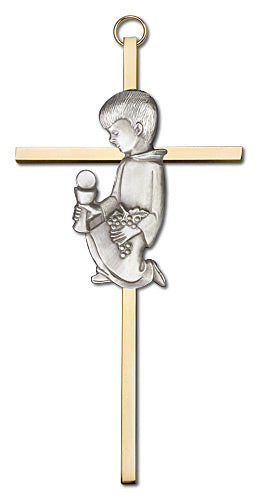 6" First Communion Boy Cross, Silver-Tone Figure on Polished Brass, # 1694