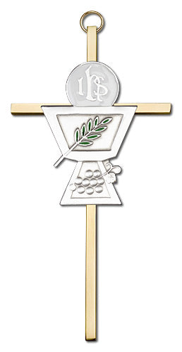 6" First Communion Cross, Silver-Tone Figure on Polished Brass Cross, # 1696
