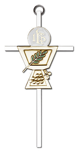 6" First Communion Cross, Gold-Tone Figure on Nickel Plate Cross, # 1697