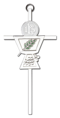 6" First Communion Cross, Silver-Tone Figure on Nickel Plated Cross, # 1699