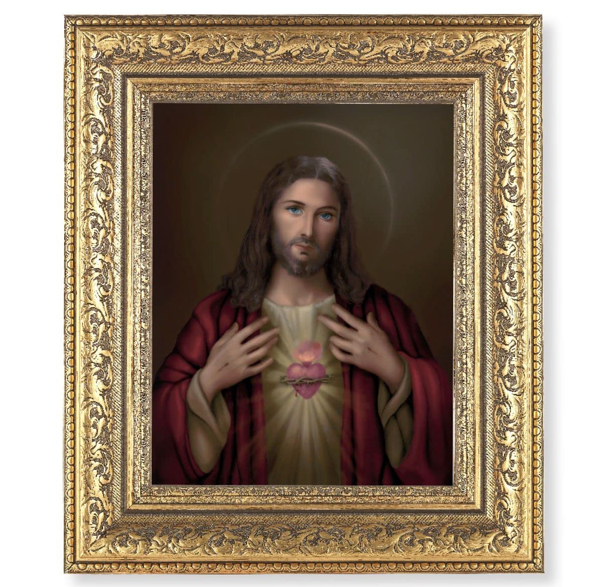 Sacred Heart of Jesus Picture, 12-1/2"x14-1/2, Antique Gold Leaf Carvings Ornate Frame, Italian Print Under Glass # 25431