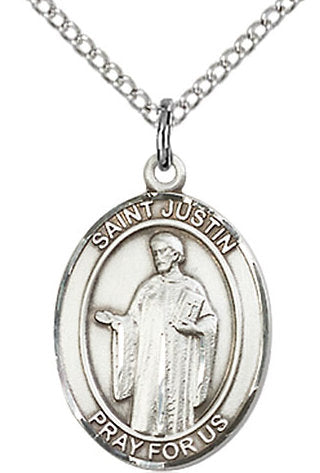 St. Justin Medal in Fine Pewter, 3/4" tall, Your Choice of Chain # 17114