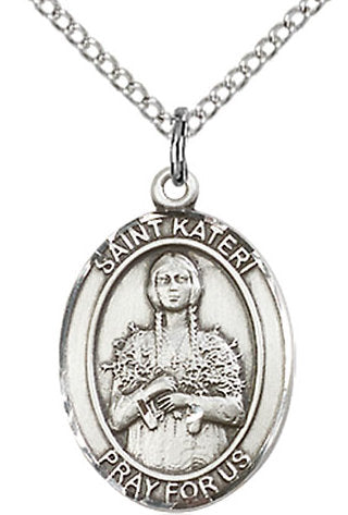 St. Kateri Tekakwitha Medal in Fine Pewter, 3/4" tall, Your Choice of Chain # 17115