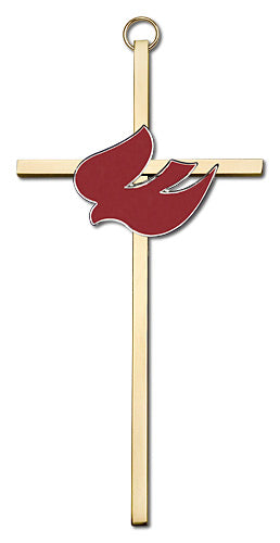6" Red Dove Cross, Gold-Tone on Polished Brass Cross, # 1712