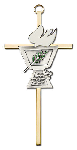 6" Chalice w/ Dove Cross, Silver-Tone on Polished Brass Cross, # 1715