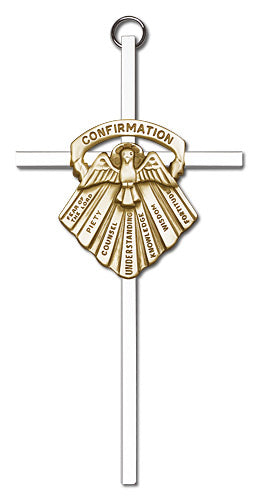 6" Seven Gifts of the Holy Spirit Cross, Gold-Tone Medallion on Nickel Plated Cross, # 1727