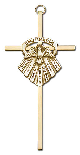 6" Seven Gifts of the Holy Spirit Cross, Gold-Tone Medallion on Polished Brass Cross, # 1728