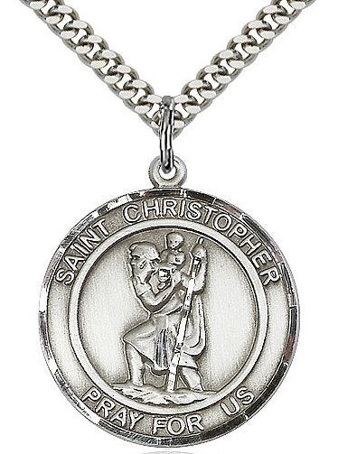 St. Christopher Medal in Fine Pewter, 3/4" round, Your Choice of Chain # 17280