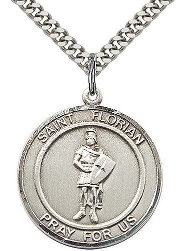 St. Florian Medal in Fine Pewter, 3/4" round, Your Choice of Chain # 17283