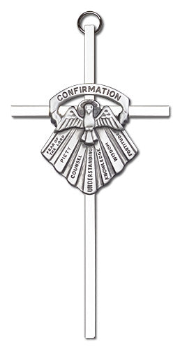 6" Seven Gifts of the Holy Spirit Cross, Silver-Tone Medallion on Nickel Plated Cross, # 1729