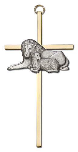 6" Lion with Lamb Cross, Silver-Tone Medallion on Polished Brass Cross, # 1730